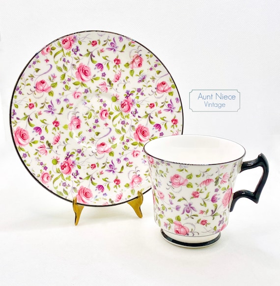 1960's Royal Chelsea Pink Roses and Purple Floral Chintz Black Handle vintage teacup and saucer