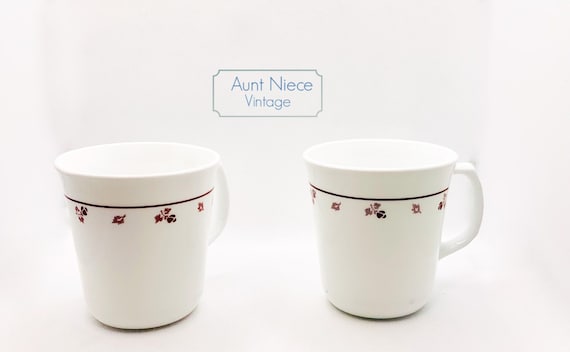 Set of Vintage Corning Coffee mugs "Burgundy Rose" pattern corningware corelle pyrex bluebell flowers coffee cups c.1990s
