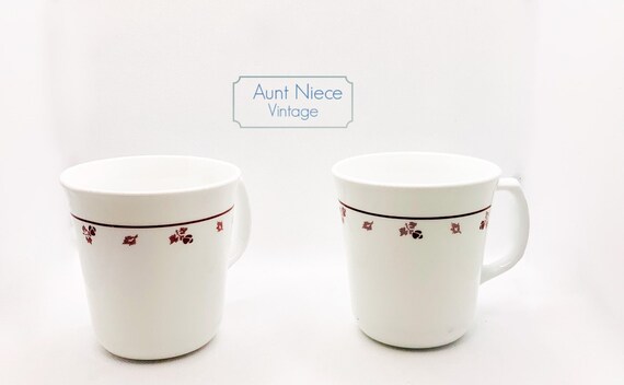 Sets and singles Vintage Corning Coffee mugs "Burgundy Rose" pattern corningware corelle pyrex bluebell flowers coffee cups c.1990s