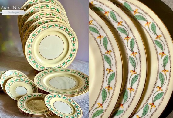 Mix Match Vintage Plates Lenox Westbury yellow gold yellow flowers red textured pistils green leaves Dinner Plates Small Plates Saucers