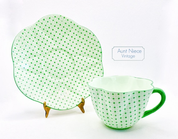 Vintage Shelley Bone China Teacup and Saucer Green with green stars polka dots green handle dainty shaped cup saucer
