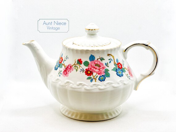 Vintage White Teapot Wood and Sons Elgreave Cherry Blossoms with red and blue floral gold gilt accent c.1960s