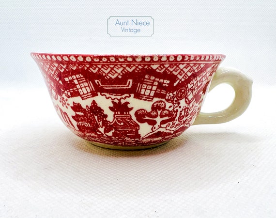 Vintage demitasse or espresso cup Anfora Pottery Tea Garden chintz  red transferware small cup c. 1930s