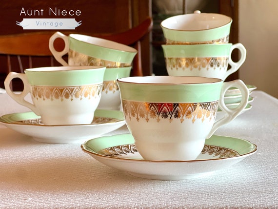 Sets and Single vintage teacups and saucers Royal Stafford mint green with ornate gold daisies c. 1950s