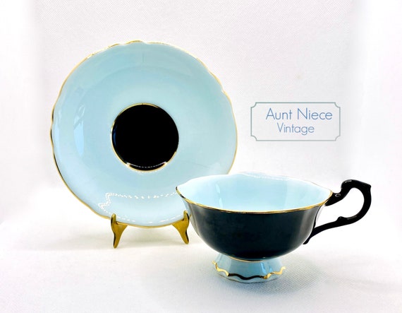 Rare vintage Paragon Teacup and saucer double warrant black outer cup with pale blue inner cup gold accents c.1939-1949