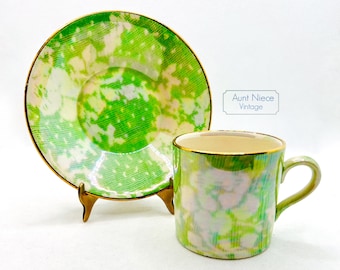 Vintage Royal Winton Lusterware Demitasse Cup and Saucer: Green Floral, 1940s