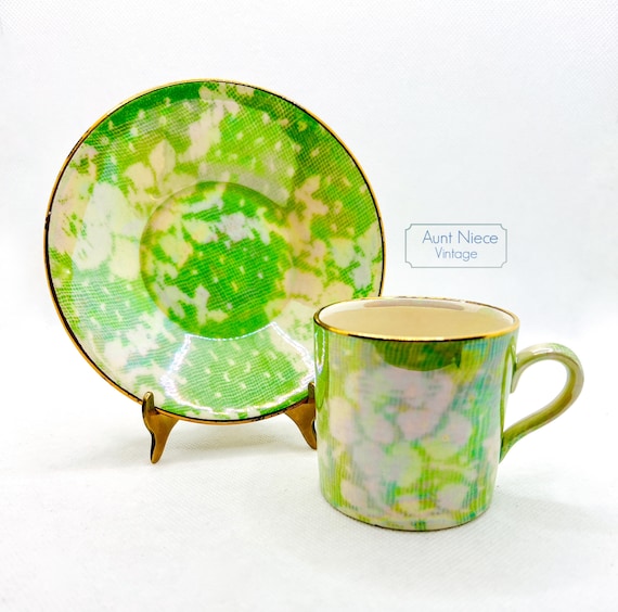 Vintage demitasse or espresso cup and saucer Royal Winton Grimwades lusterware green and white floral c. 1940s