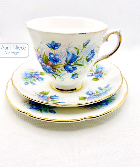 1950s Vintage Royal Grafton trio set blue bell flowers forget-me-not gold gilt scalloped edge vintage teacup saucer underplate