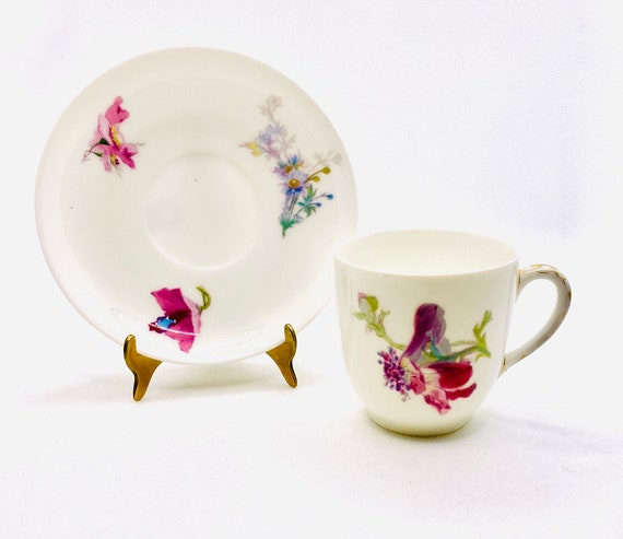 1880s Antique Demitasse Haviland Co Limoges H&Co Pink and blue hand-painted floral antique espresso cup and saucer