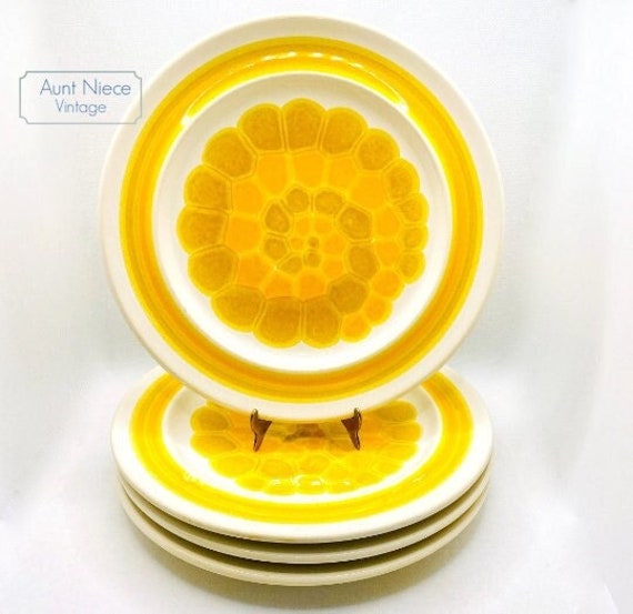 Vintage Plates sets and single Sunshine Franciscan Earthanware 8'' Plates Yellow Brown Orange Spiral Swirl Pebble plates C. 1970s