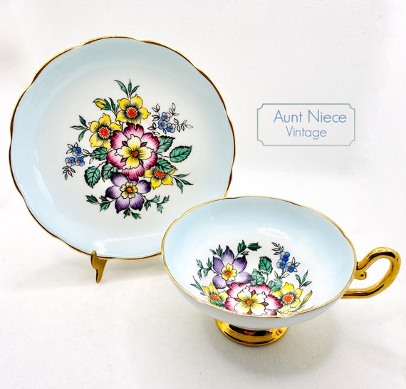 Vintage Teacup and Saucer Taylor & Kent Painted Flowers on aqua blue cup heavy gold handle pedestal Bone Kent China vintage cup saucer