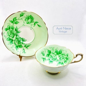 Rare Paragon bone china Green Roses on Green vintage teacup and Saucer Green Double Warrant c.1939-49