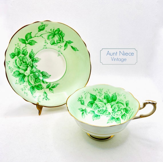 Rare Paragon bone china Green Roses on Green vintage teacup and Saucer Green Double Warrant c.1939-49