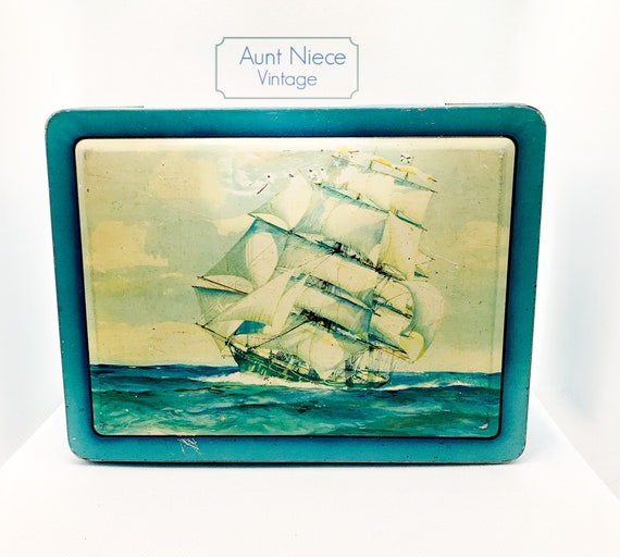 Vintage tin box hinged blue Milady Toffee of Quality with Clipper Ship Waller & Hartley Ltd. Blackpool England large sail boat schooner