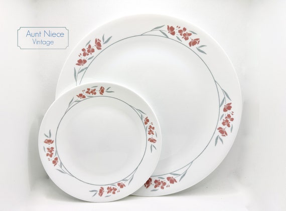 Sets and single Vintage Corelle Plates Silk Blossom Dinner plates and bread plates  Pink and grey flowers c. 1996