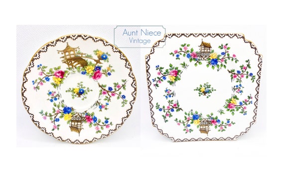 Vintage Aynsley bone china "Pagoda"plates saucers  replacement plates, saucers, Aynsley Pagoda 5.8'' Square plate, Aynsley Pagoda 7'' Square