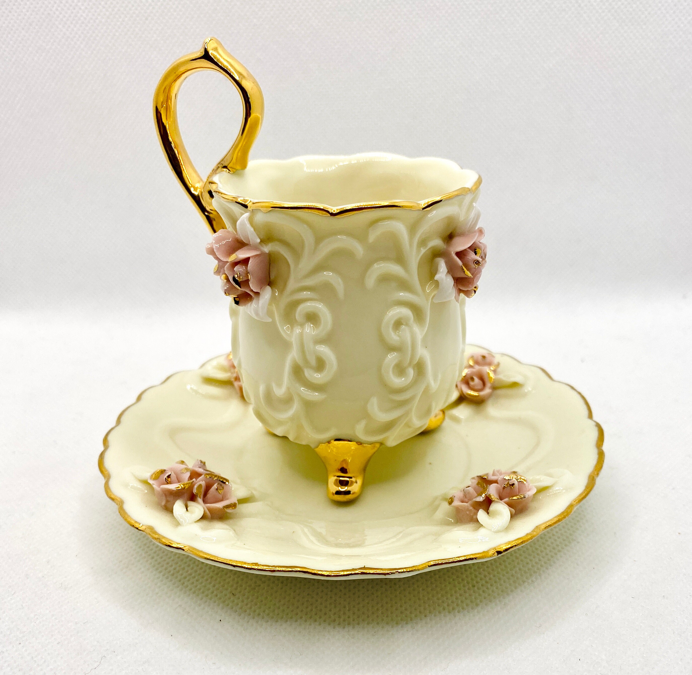 Vintage Espresso cup with textured pink and gold roses with Etsy