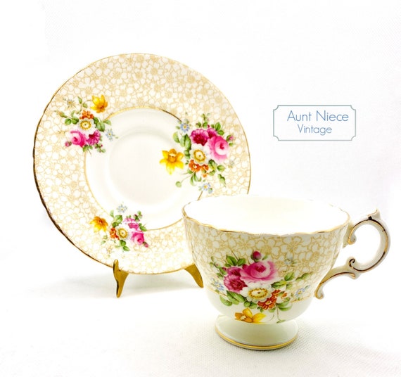 1930s Vintage Cauldon Bone China gold chintz floral roses daisy daffodil pedestal cup saucer | Vintage floral demitasse coffee 4346