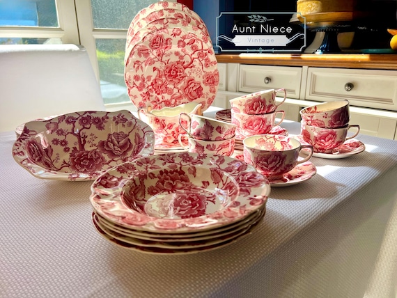 Johnson Brothers Red Chippendale: Vintage English Bone China Plates, Teacups