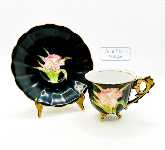 Vintage Demitasse black gold footed pink daffodil ornate handle made in occupied Japan c.