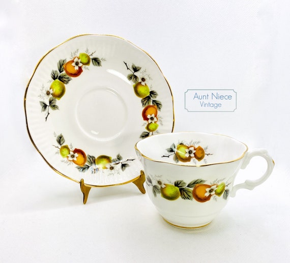 1950s Vintage Teacup Saucer Rosina Bone china Lemon Blossom and orange citrus on white vintage teacup and saucer