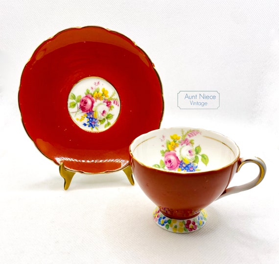 1940s Vintage EB Foley Brick Red with Cabbage Roses and hand painted flower pedestal gold vintage Demitasse Espresso Cup and Saucer