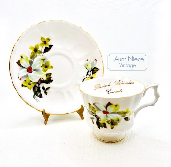 Vintage teacup saucer Royal Windsor Bone china British Columbia Canada Dogwood white green floral c. 1970s