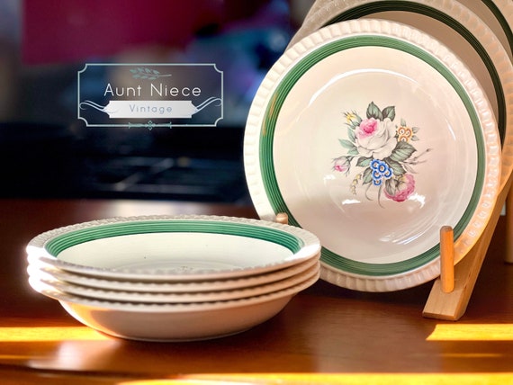 Vintage sets and single Salem Antoinette cereal bowls  8.5'' diameter white pink cabbage roses blue floral green border c.1950s