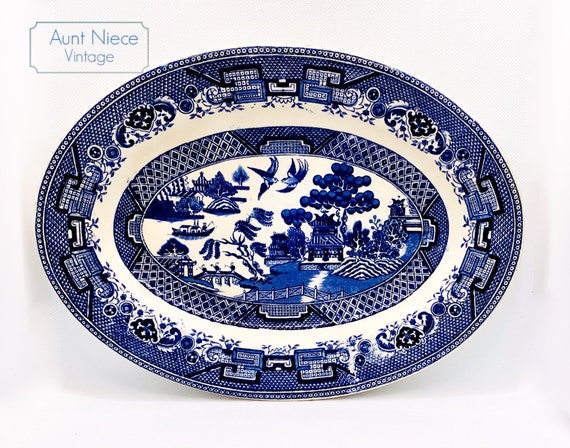 Antique Platter Petrus Regout Maastricht WILLOW blue transfer blue white china tea garden  c.1880s