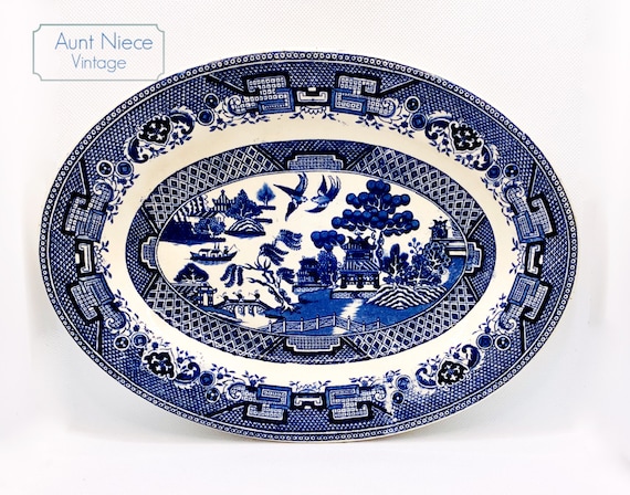 Antique Platter Petrus Regout Maastricht WILLOW blue transfer blue white china tea garden  c.1880s