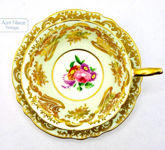 Vintage teacup and saucer  Paragon bone china  Mint Green and Gold, Peonies, Hibiscus cup saucer double warrant c. 1939-1949