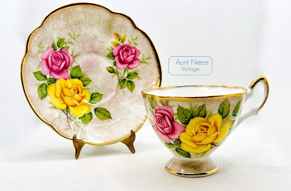Vintage Teacup and saucer Salisbury Bone China heavy gold yellow rose pink rose brown cup saucer c.1950s