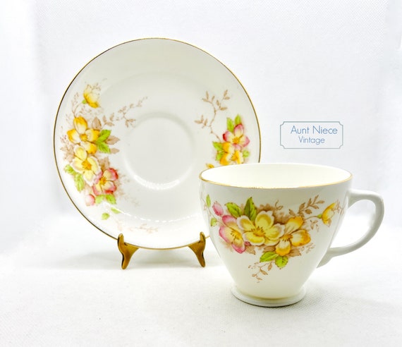 Vintage teacup saucer Sampson Smith Old Royal Bone China yellow orange pink flowers blossoms c. 1950s