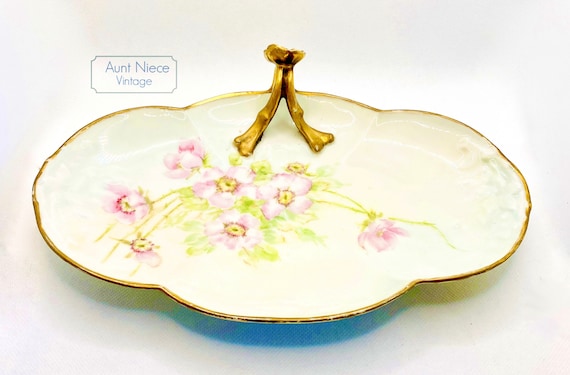 1890s William Guerin and Company porcelain Limoges France Pink flowers ornate gold handle || W. G. & Co.  French Limoges tray