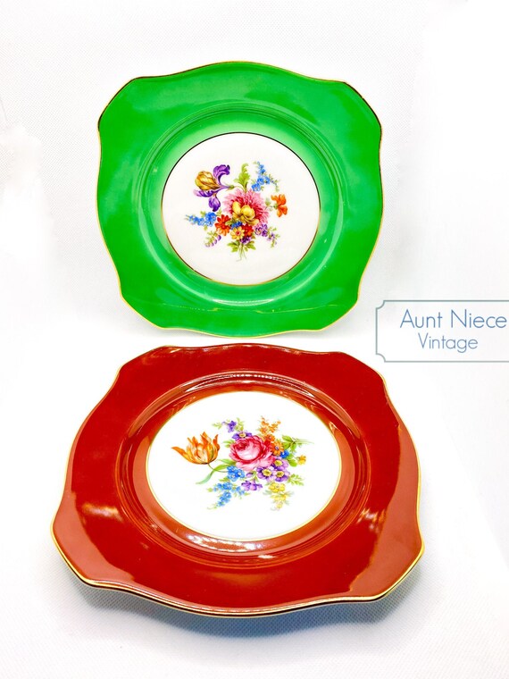 1960s set of 2 vintage square plates Bavaria Tirschenreuth salad plates 8.5'' red & green floral center scalloped edge plates