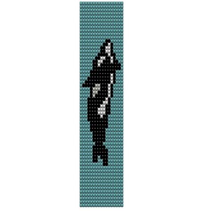 May include: A beaded bookmark featuring a black and white orca whale design against a teal background. The orca is rendered in a pixelated style, with the background composed of small, square beads. The bookmark is rectangular and vertically oriented.