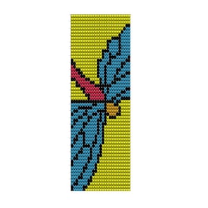 May include: A beaded pattern featuring a blue, red and yellow design. The pattern is made up of small, square beads.