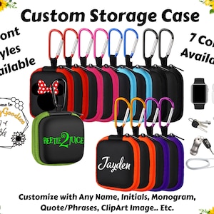 May include: Custom storage cases in various colors, each with a carabiner clip. The cases are shown with different designs, including a Minnie Mouse bow, the text "BEETLE 2 JUICE", and the name "Jayden". The image also shows accessories like a smartwatch and keys.