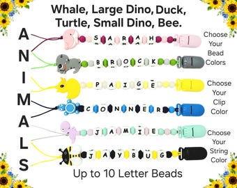 FINO A 10 lettere] Perline a forma di animali, balena, dinosauro, anatra, tartaruga, ape, lettere, clip per ciuccio con nome personalizzato, clip per ciuccio, supporto, personalizzato.