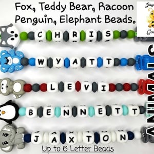 UP TO 6 Letters with Specialty Animal Bead, Large Letter Silicone Pacifier Clip, Binky Clip, Dummy Clip. Personalized. Custom Name clips image 1