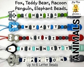 UP TO 6 Letters] with Specialty Animal Bead, Large Letter Silicone Pacifier Clip, Binky Clip, Dummy Clip. Personalized. Custom Name clips