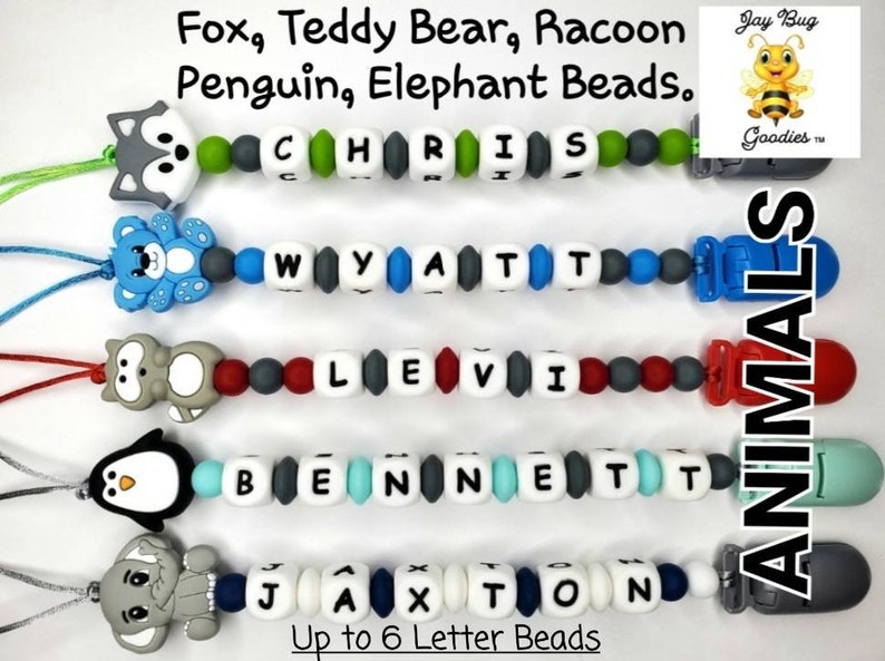 UP TO 6 Letters with Specialty Animal Bead, Large Letter Silicone Pacifier Clip, Binky Clip, Dummy Clip. Personalized. Custom Name clips image 1