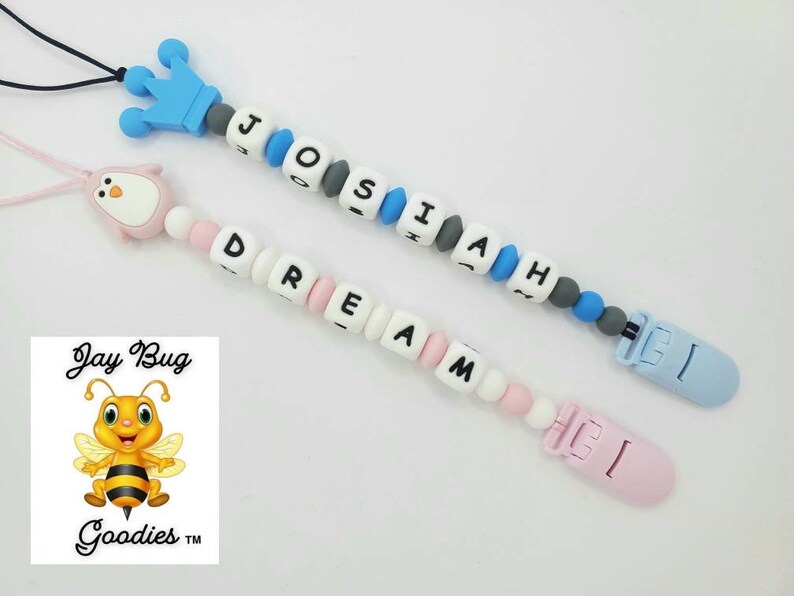 UP TO 6 Letters with Specialty Animal Bead, Large Letter Silicone Pacifier Clip, Binky Clip, Dummy Clip. Personalized. Custom Name clips image 2