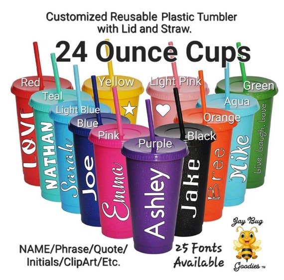 24 oz. Pink & Blue Reusable Plastic Tumbler with Lid & Straw