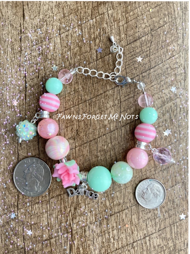 Beaded Mint and Pink Rose Dance Charm Bracelet
