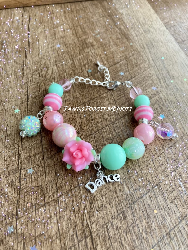 Beaded Mint and Pink Rose Dance Charm Bracelet