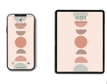 Puede incluir: Un teléfono digital y una tableta muestran un fondo de pantalla minimalista con un fondo beige y una disposición vertical de formas abstractas en tonos marrones, melocotón y grises. La hora se muestra como 4:04 en ambos dispositivos.