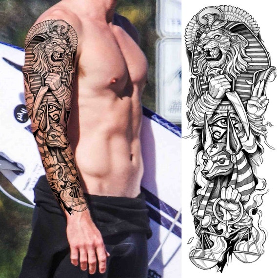 Full Sleeve Temporary Tattoo Black and Gray Egyptian Tattoos image image