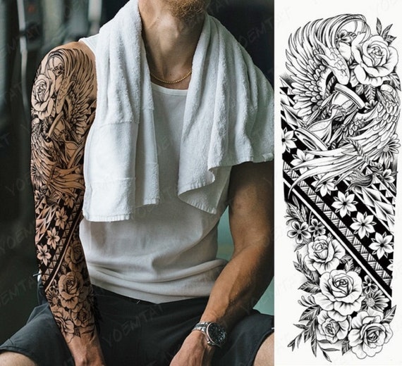 Temporary Tattoo Full Sleeve Tattoos Flower & Tribal Full Arm Etsy