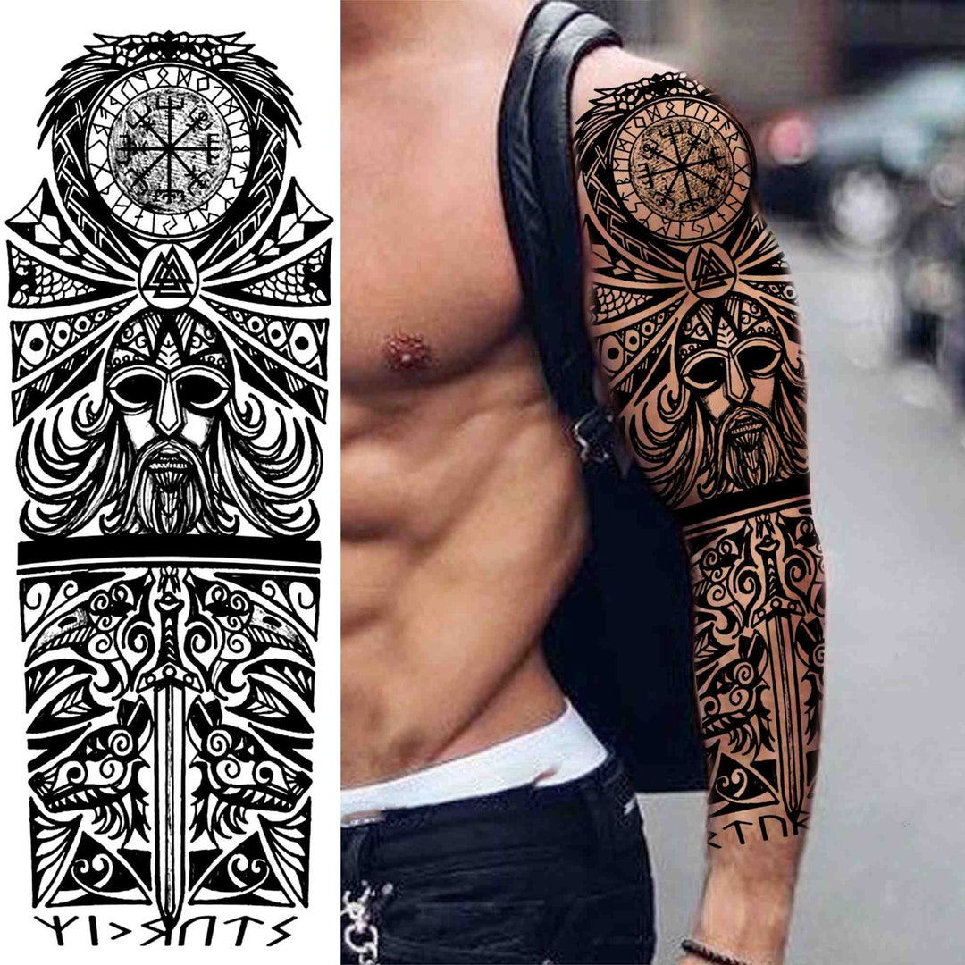 Tribal Full Sleeve Temporary Tattoo Black & Gray Tattoos Sword - Etsy Norway